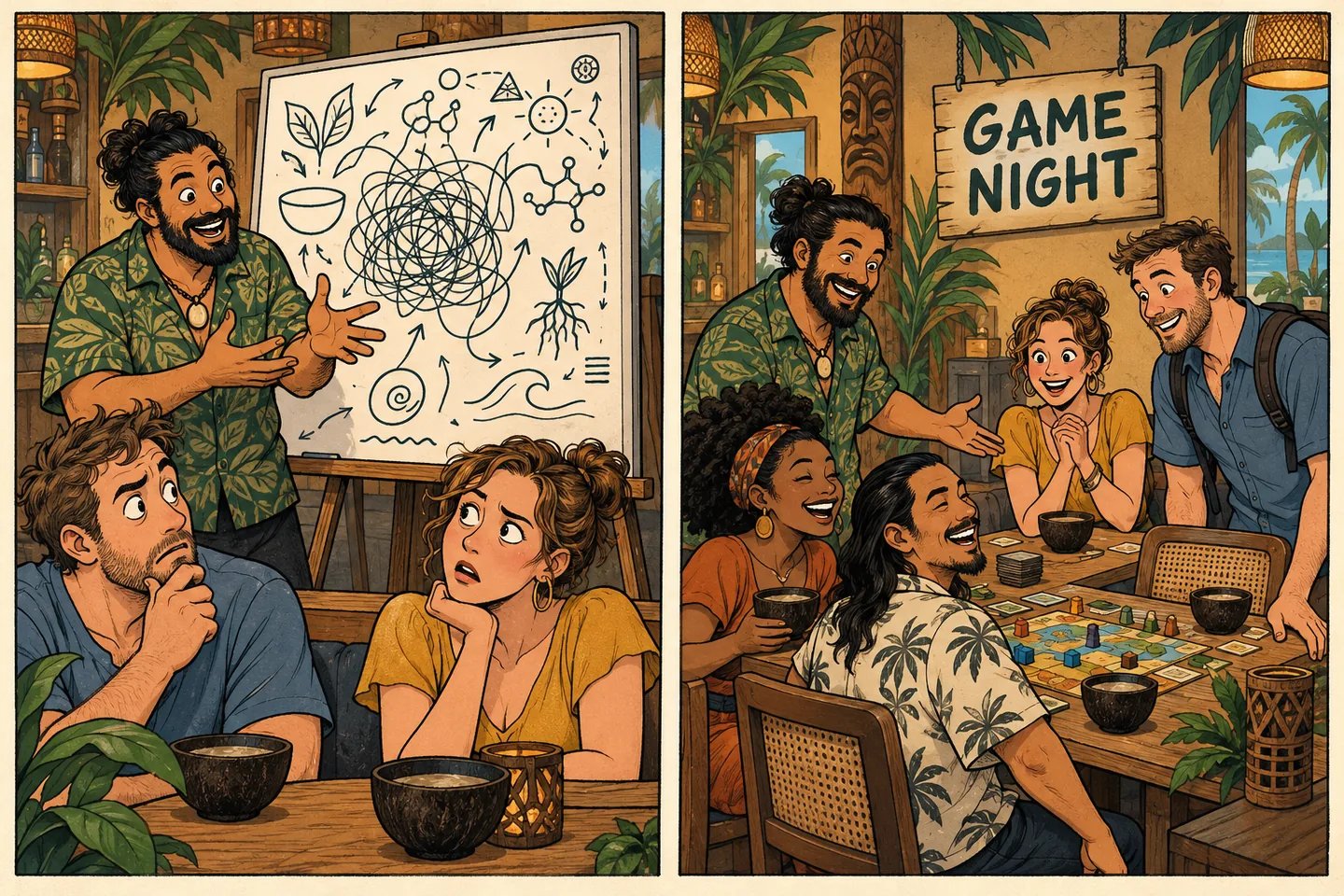 Two newcomers look puzzled by a tangled explanation, then brighten at an invitation to join a game table