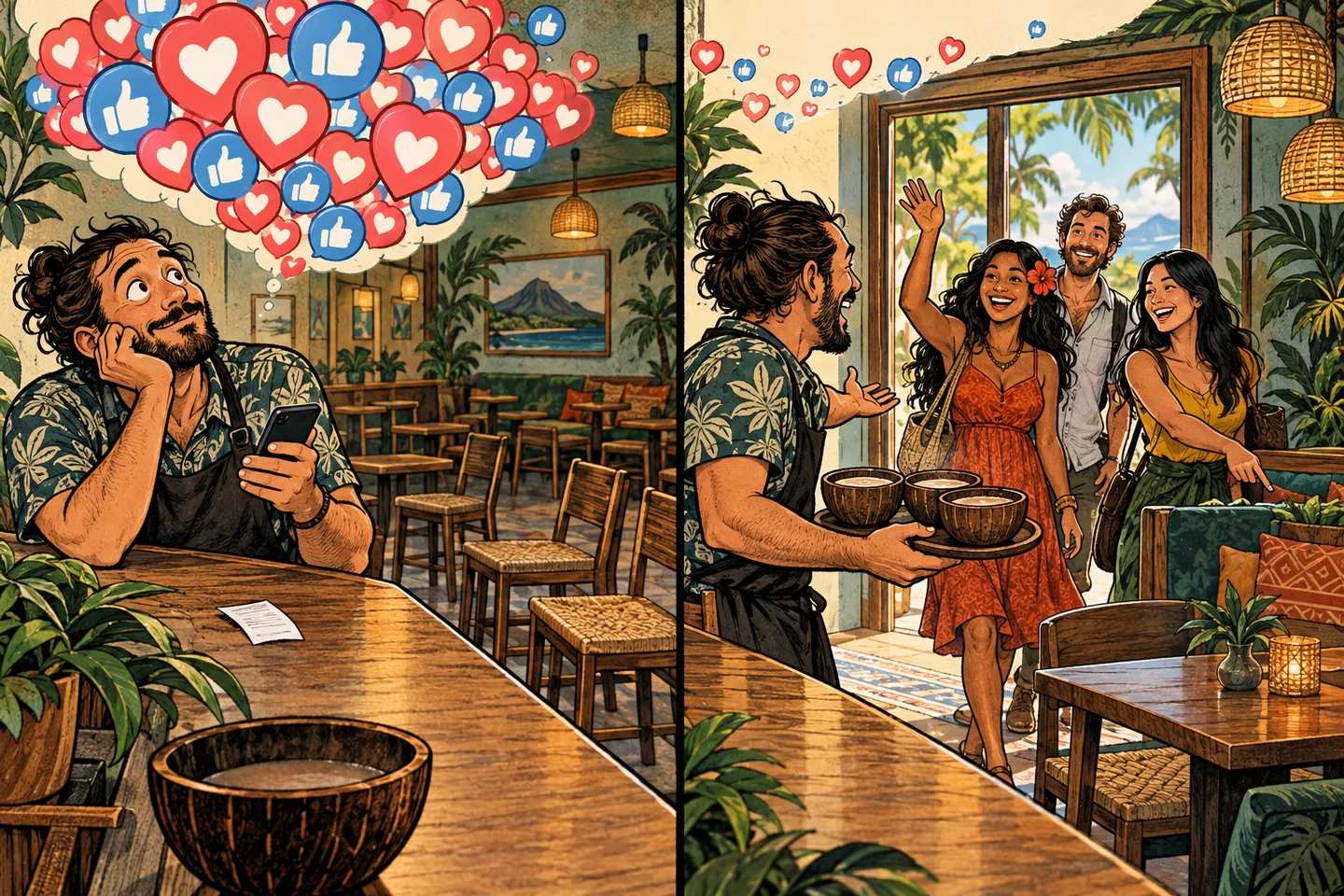 An owner watches a cloud of social-media reactions above empty chairs while another scene shows guests returning through the door