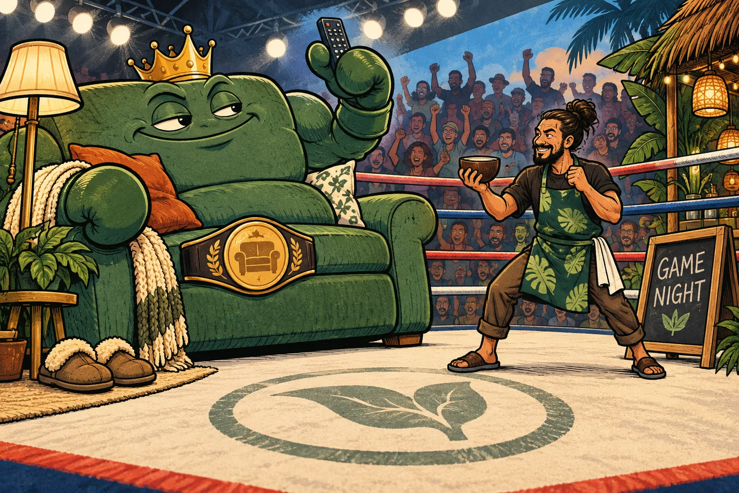 A sofa wearing a championship belt faces a kava bar owner holding a shell beside a game-night sign