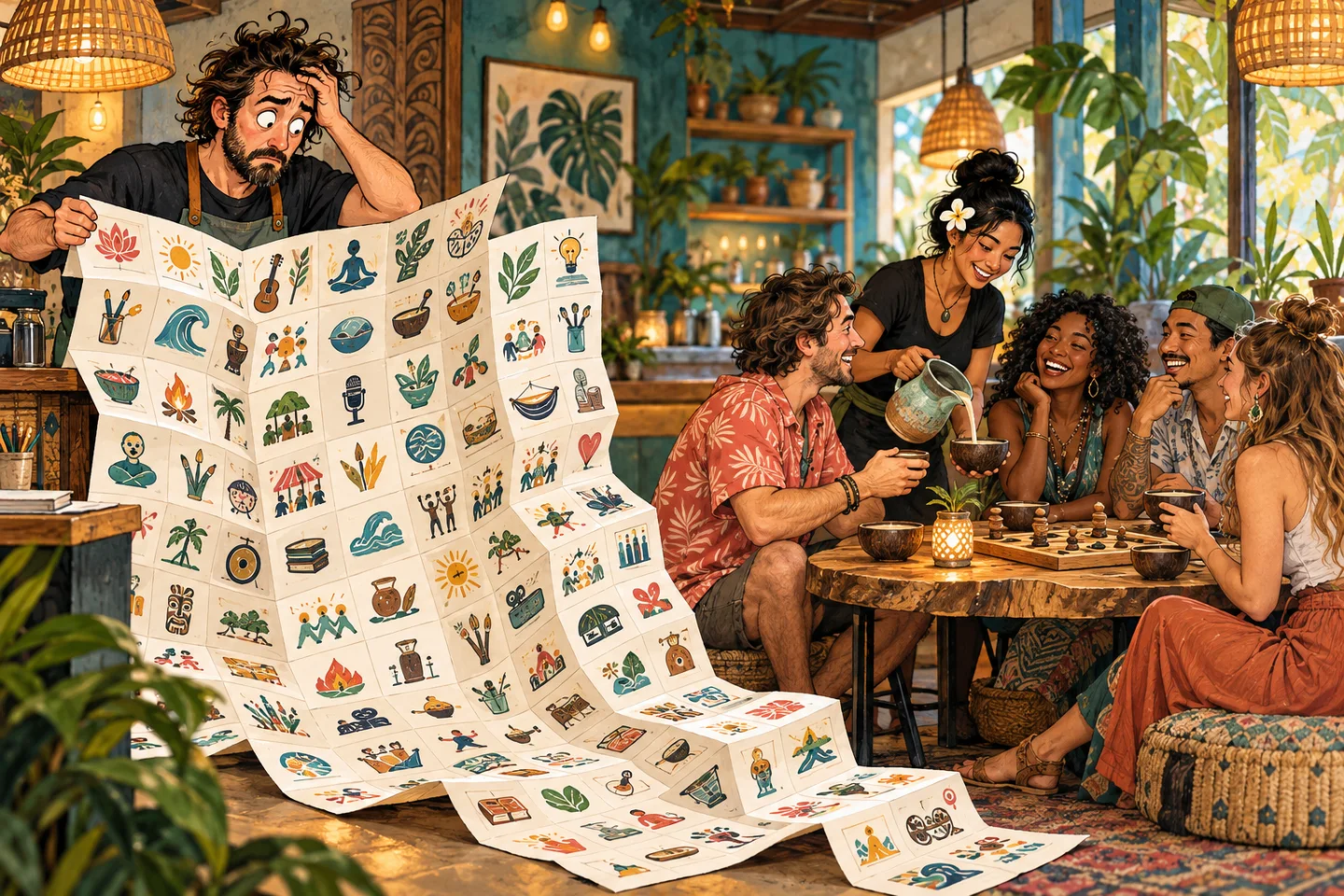 A kava bar host with an enormous calendar discovers that the welcoming small game table is what guests enjoy