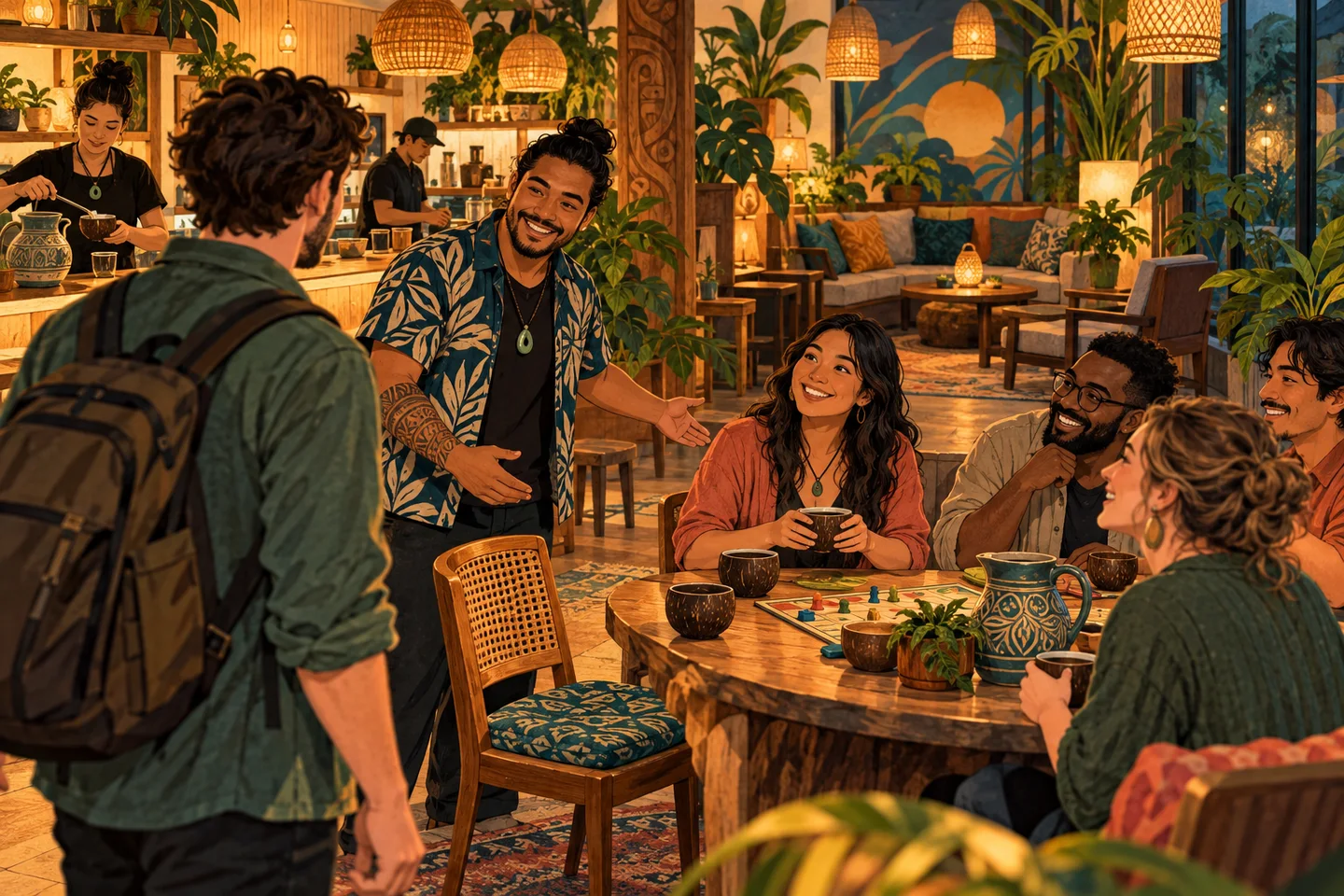 A host welcomes a solo guest to a beginner game table at a contemporary kava bar