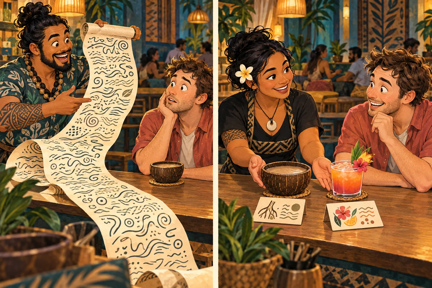 A new guest faces an overwhelming lecture while a second kavatender offers a simple menu choice