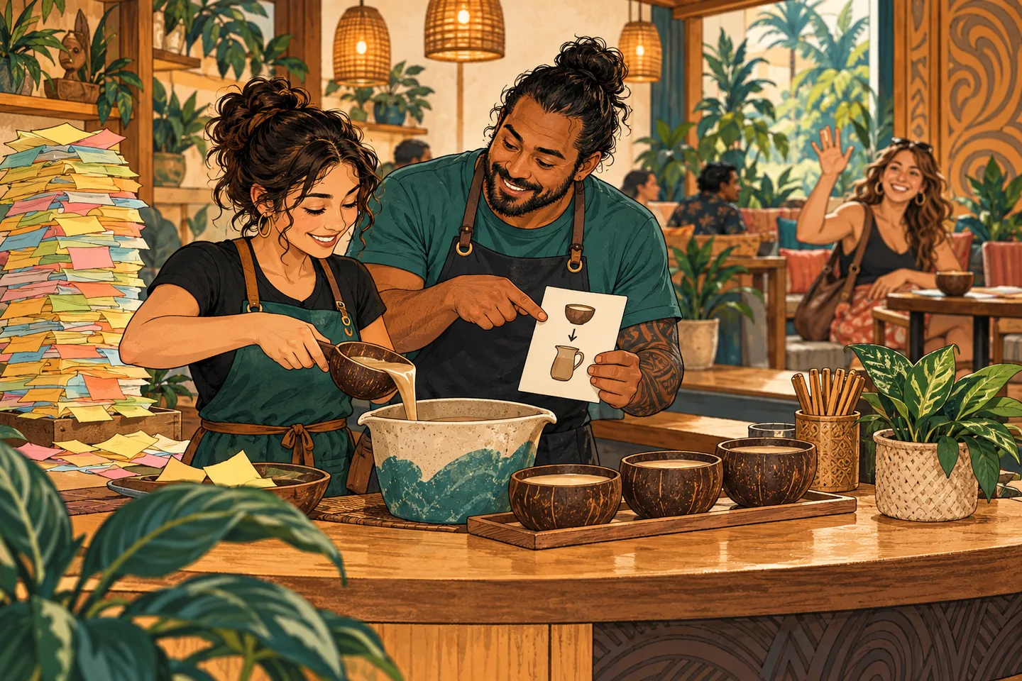 A trainer helps a new kavatender follow a recipe while a guest is welcomed at a kava bar