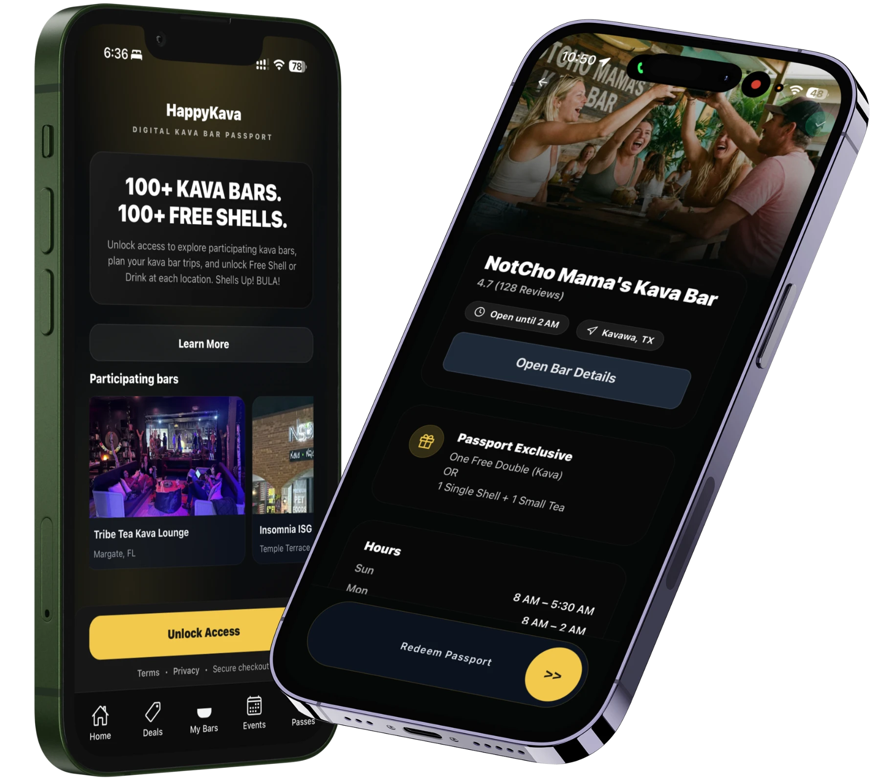 Two HappyKava phone views showing the digital Kava Bar Passport and a participating bar redemption