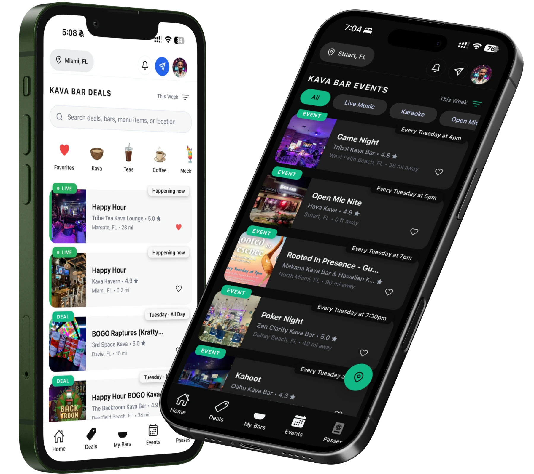 HappyKava phone screens showing live kava bar events and deals for nearby guests
