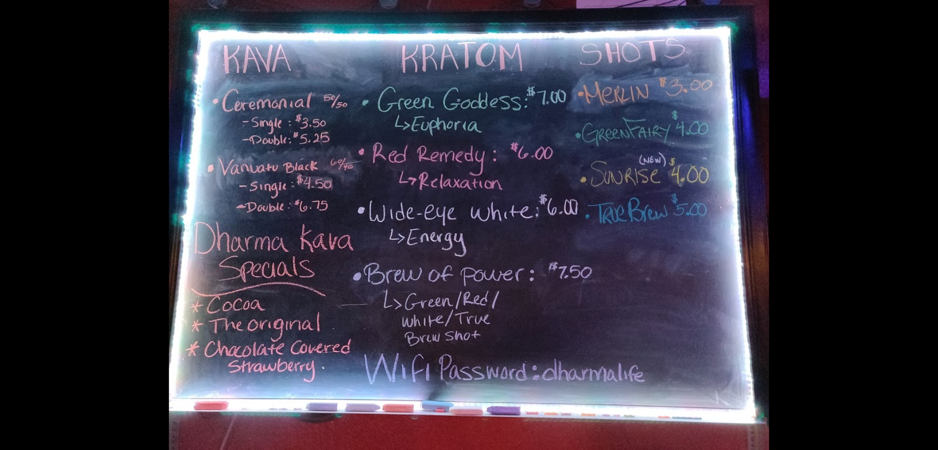 Dharma Kava Lounge Menu