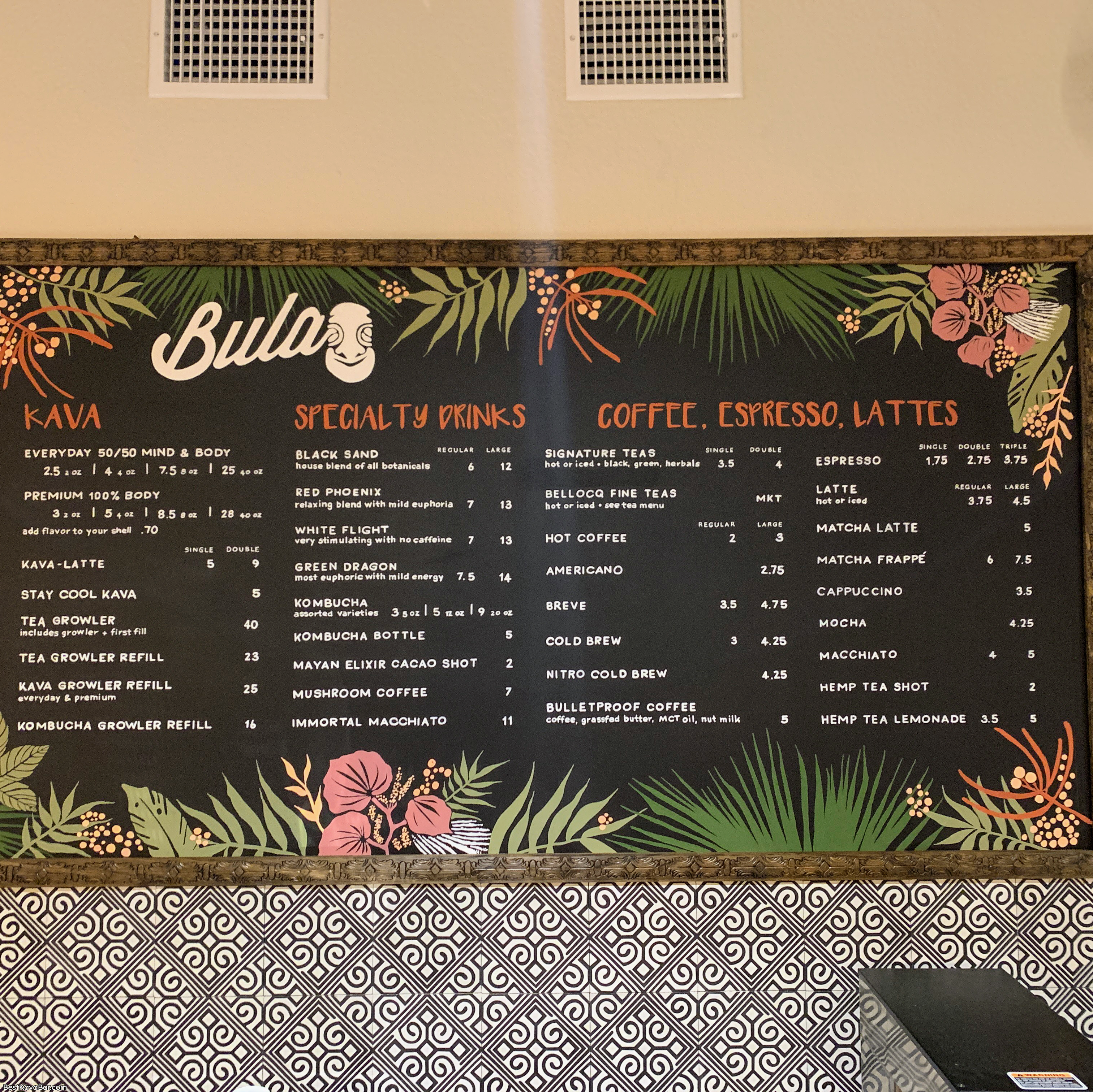 Bula Kavananda Kava Bar & Coffee House menu