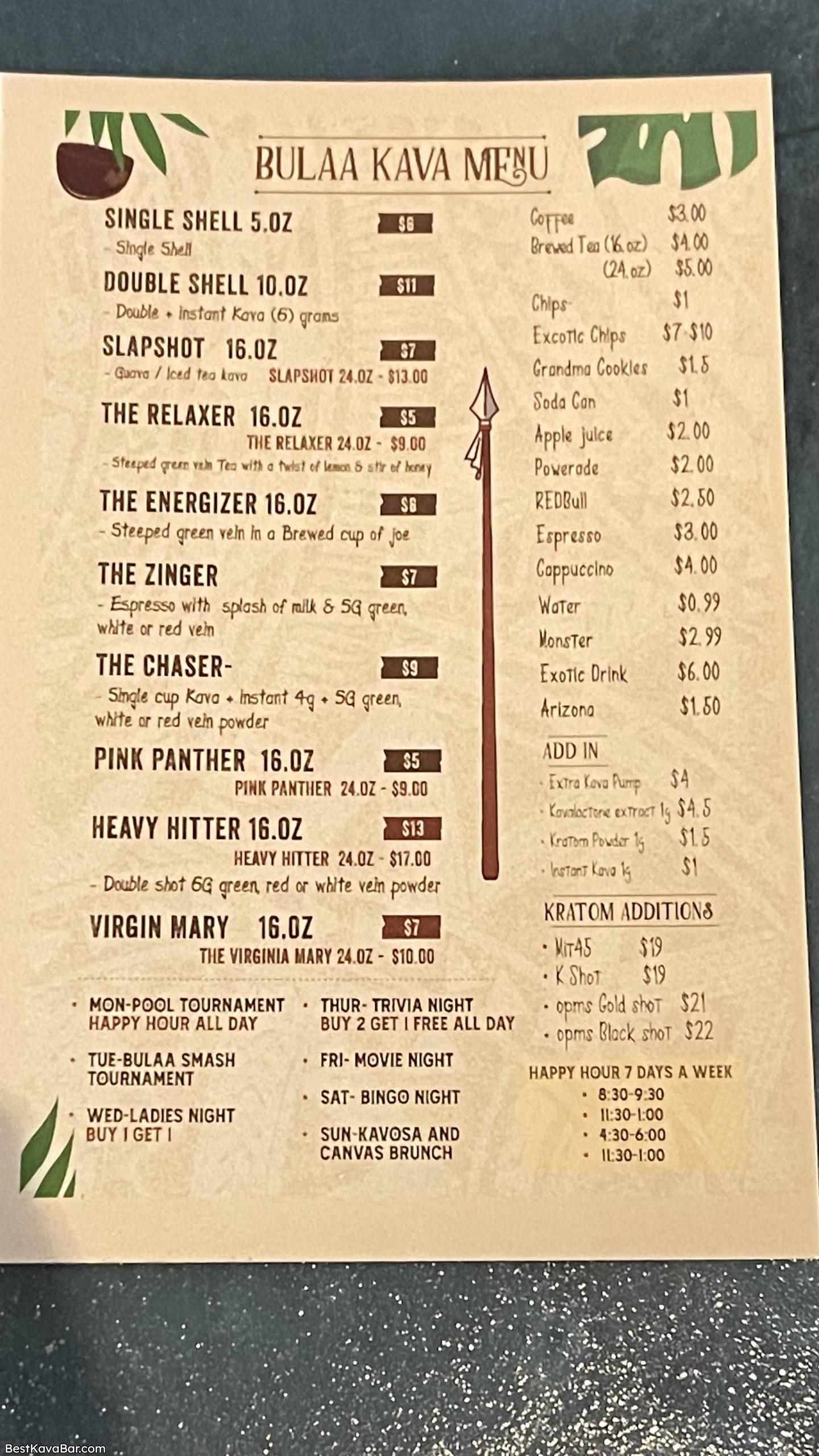 Bulaa Kava Menu